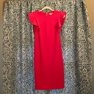 Never worn, Calvin Klein pink fitted dress with structured ruffled sleeves.